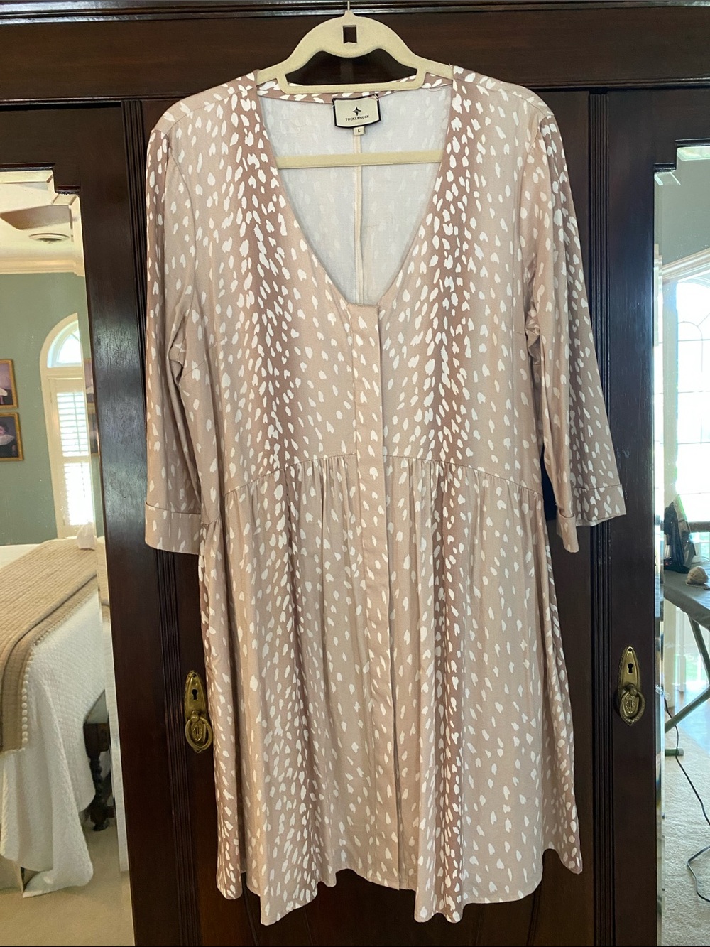 Tuckernuck tan and White Antelope Print V-Neck Dress